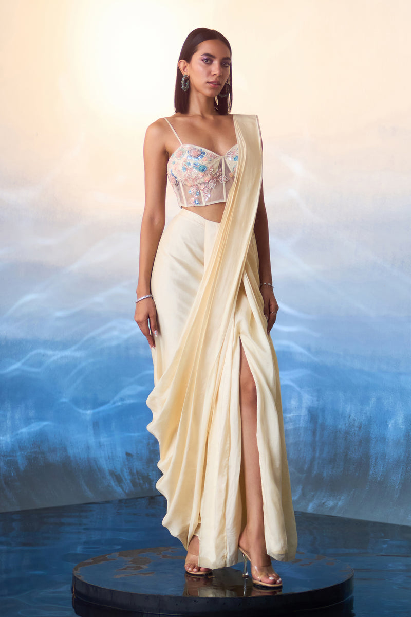 Champagne Chinar Layered Saree Set