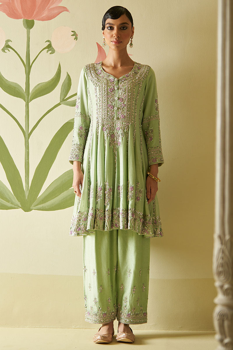 MINT GREEN CHANDERI SILK ANARKALI SET