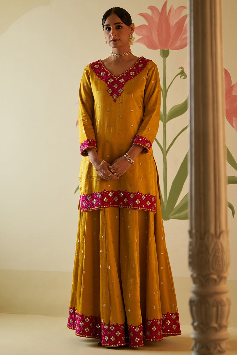 MUSTARD SATIN SILK SHARARA SET