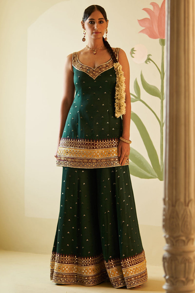 GREEN SATIN SHARARA SET