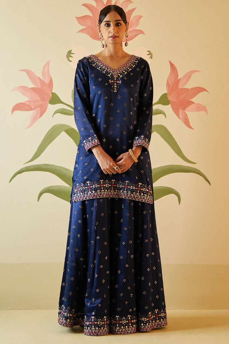 MID NIGHT BLUE SATIN SILK SHARARA SET