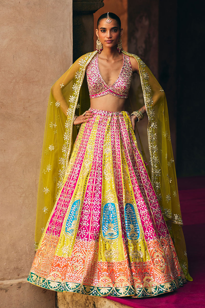 Multi Raw Silk Lehenga Set