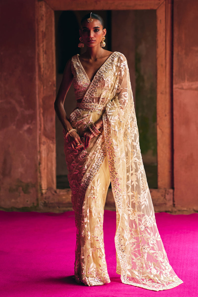 Beige Net Saree set