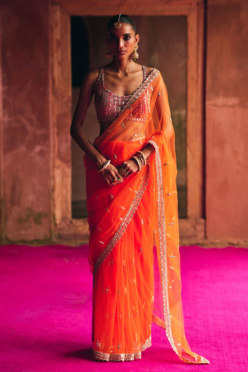 Orange Net Saree set