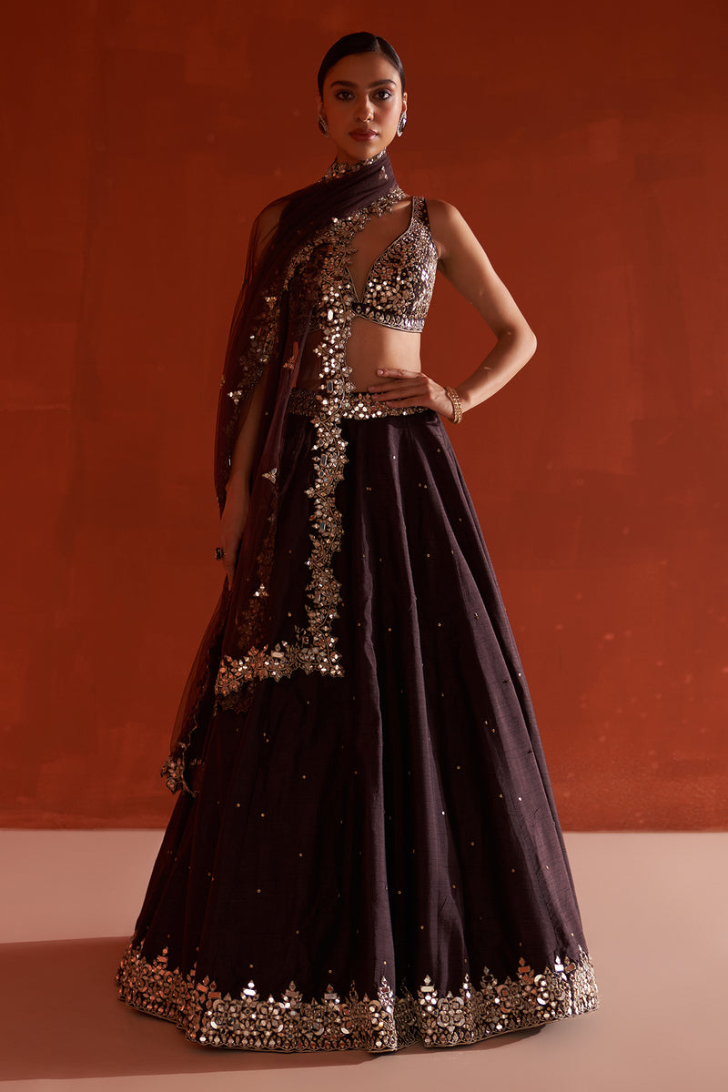 Coffee Raw Silk Lehnga Set