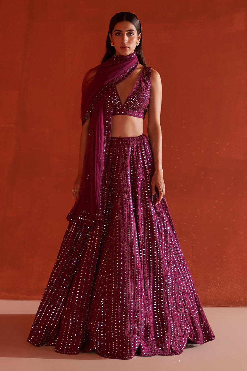 Wine Raw Silk Lehnga Set