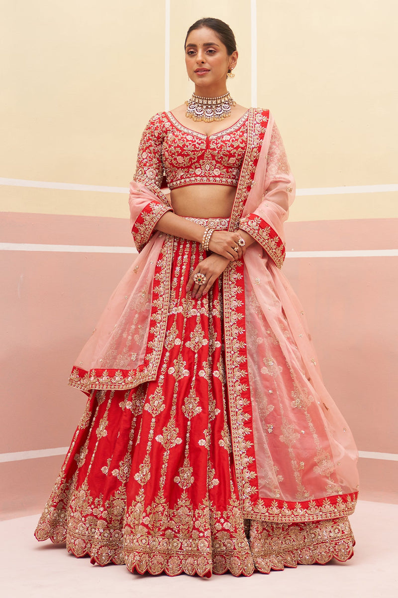 Red Raw Silk Lehnga Set