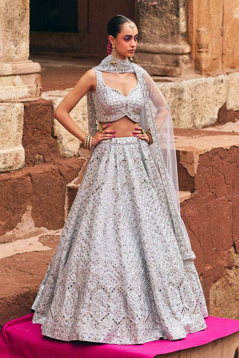 Ice Grey Raw Silk Lehenga Set