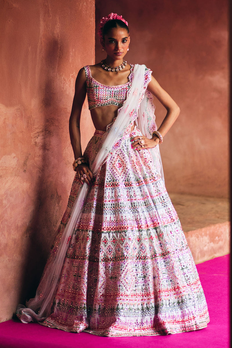 White Raw Silk Lehenga Set