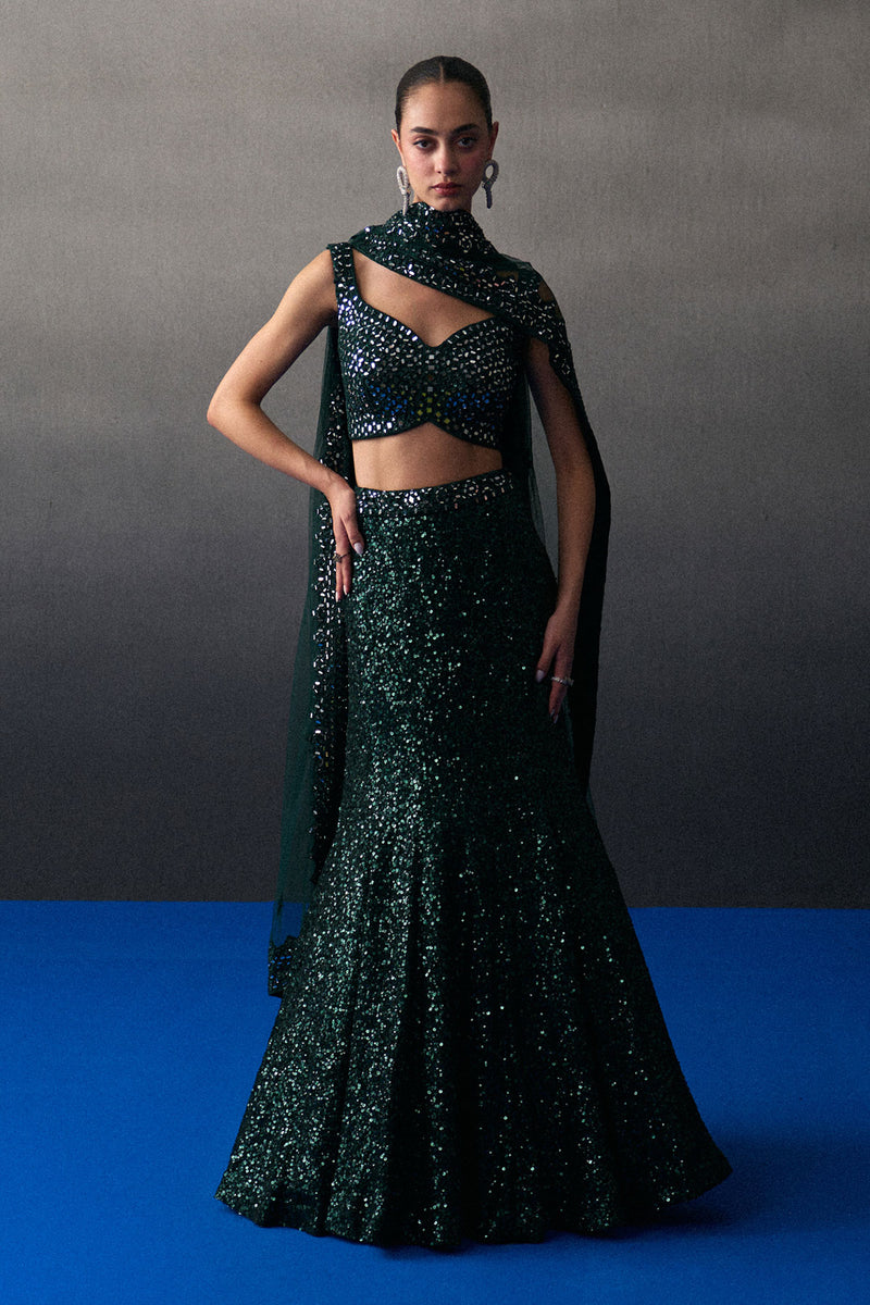 Green Sequins Georgette Skirt Set