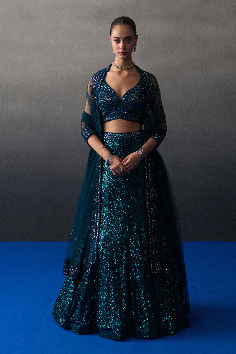 Peacock Blue Sequins Skirt Set