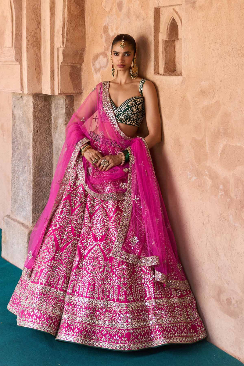 JYOT — Fuchsia Pink Raw Silk Lehenga Set with Contrast Blouse