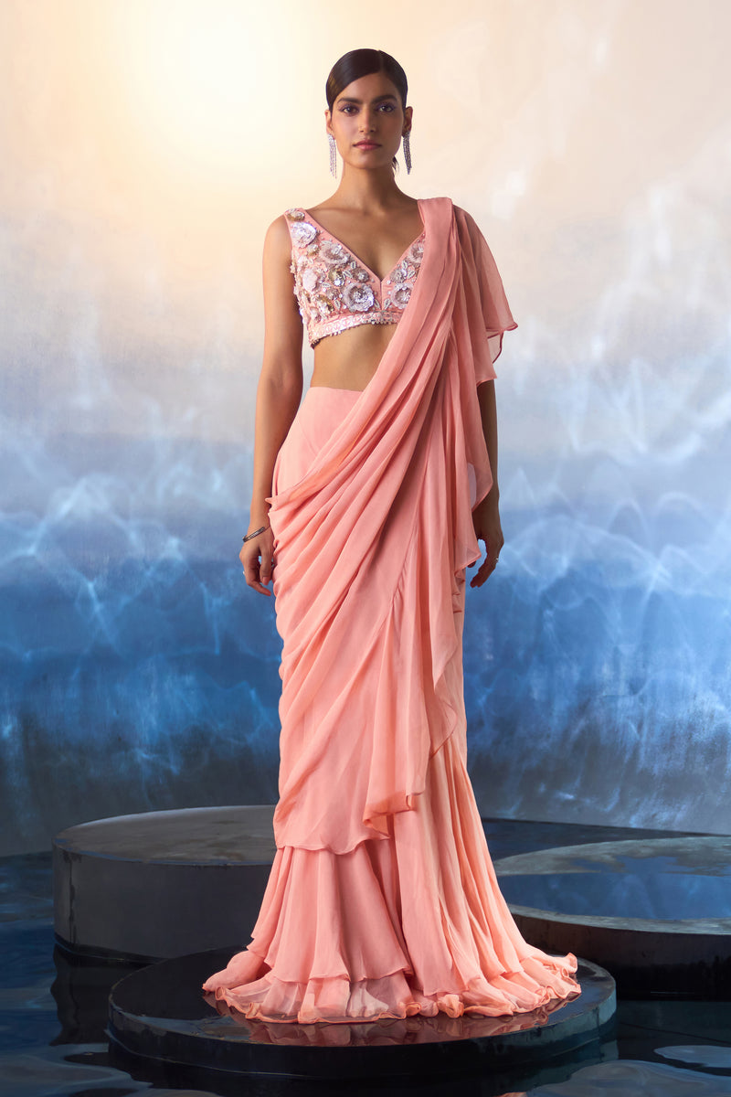 Peach Georgette Drape Saree