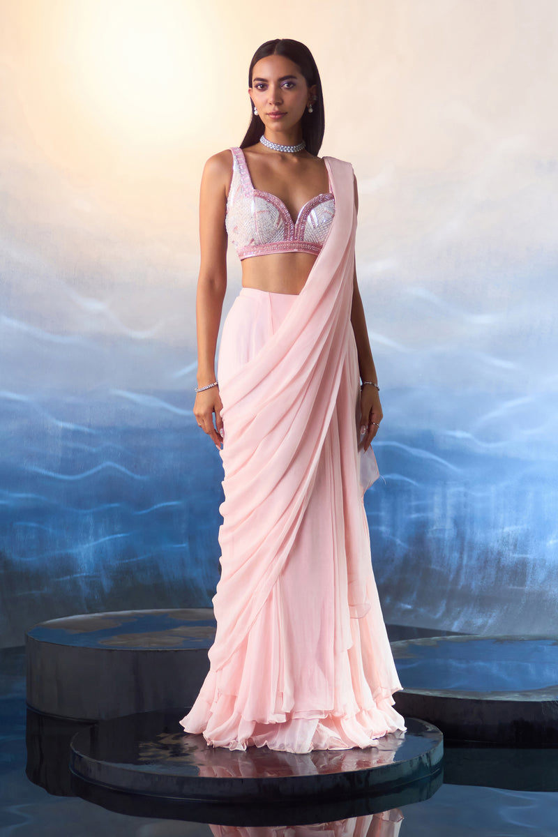 Powder Pink Georgette Drape Saree