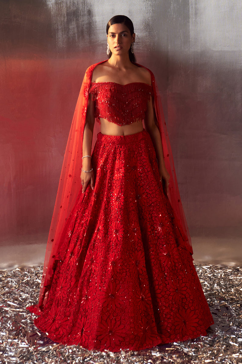 Red Net Lehenga Set