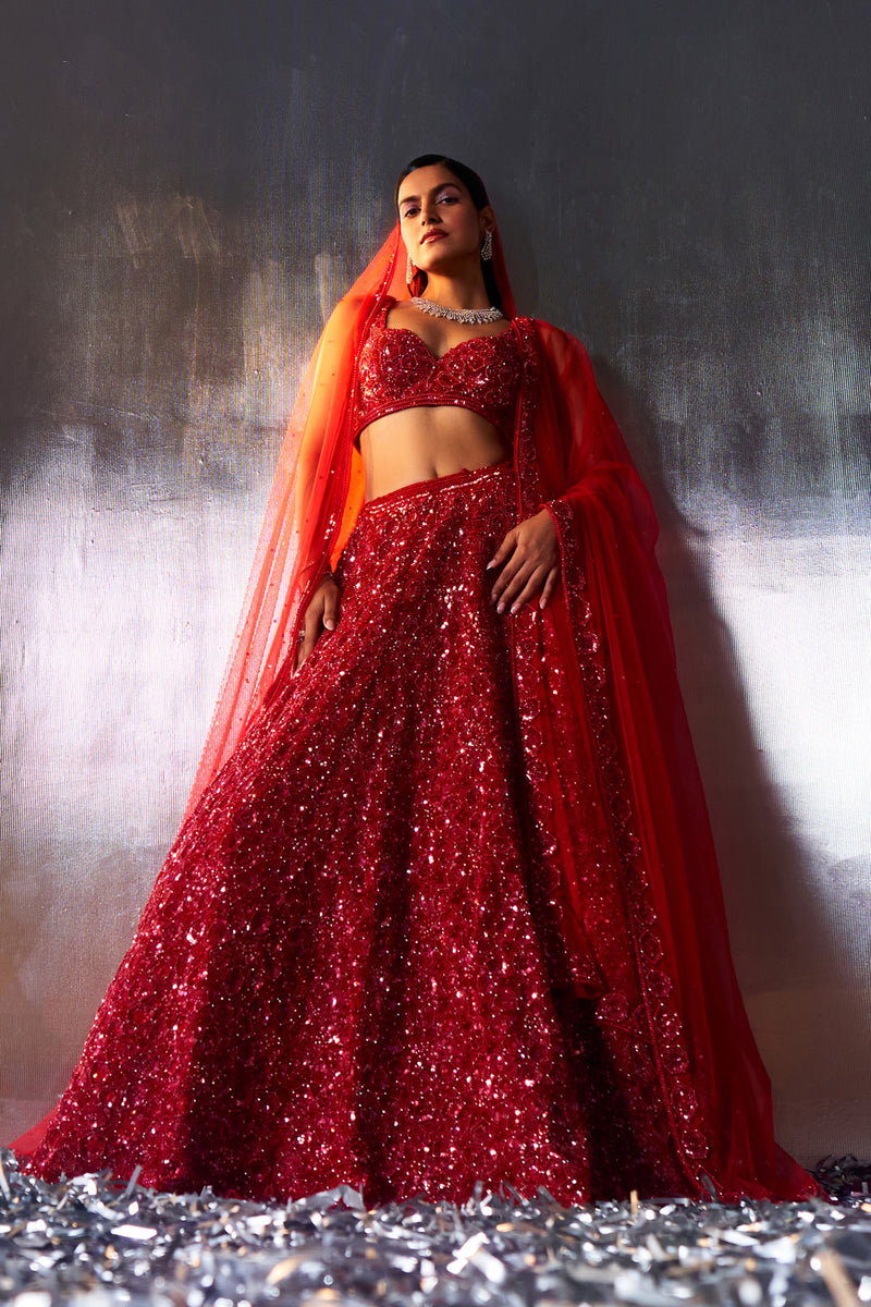 Red Net Lehenga Set