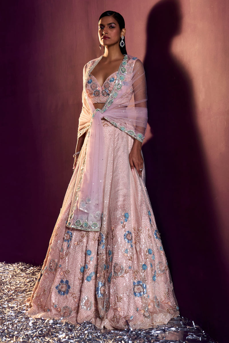 Peach Net Lehenga Set