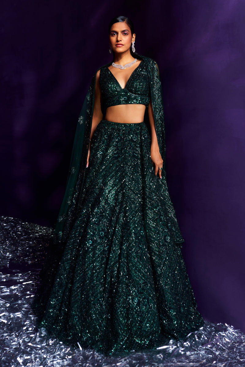 Emerald Green Net Lehenga Set