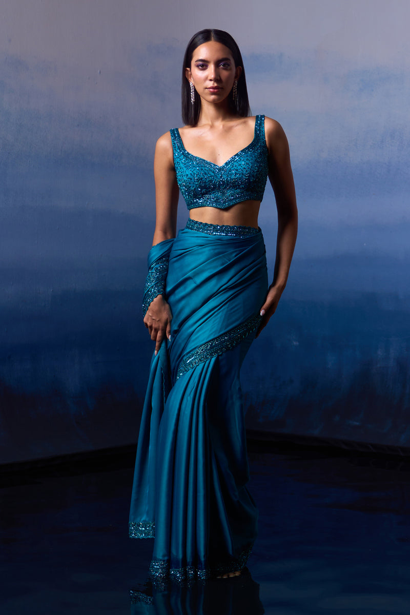 Peacock Blue Satin Saree