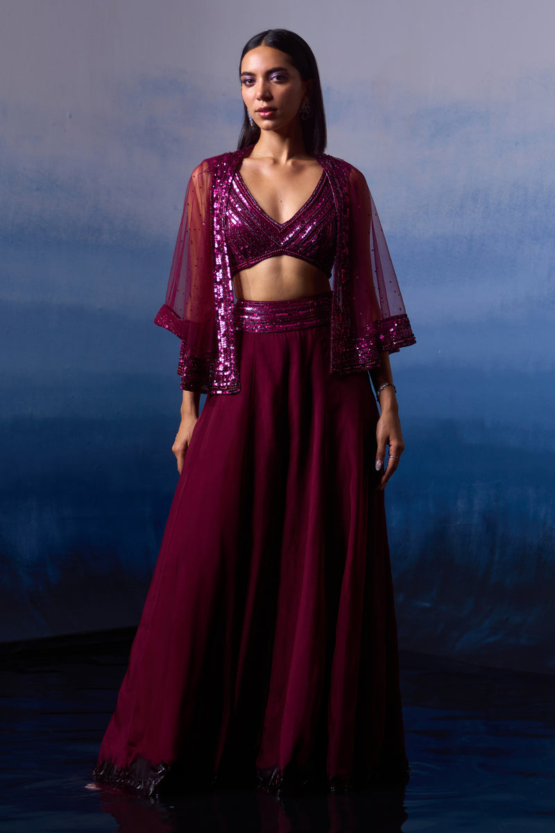 Wine Organza Cape Set