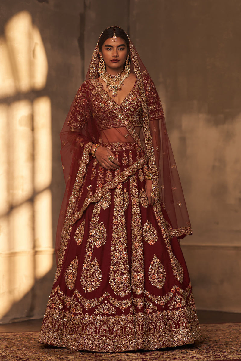 Maroon Raw Silk Double Dupatta Lehenga Set