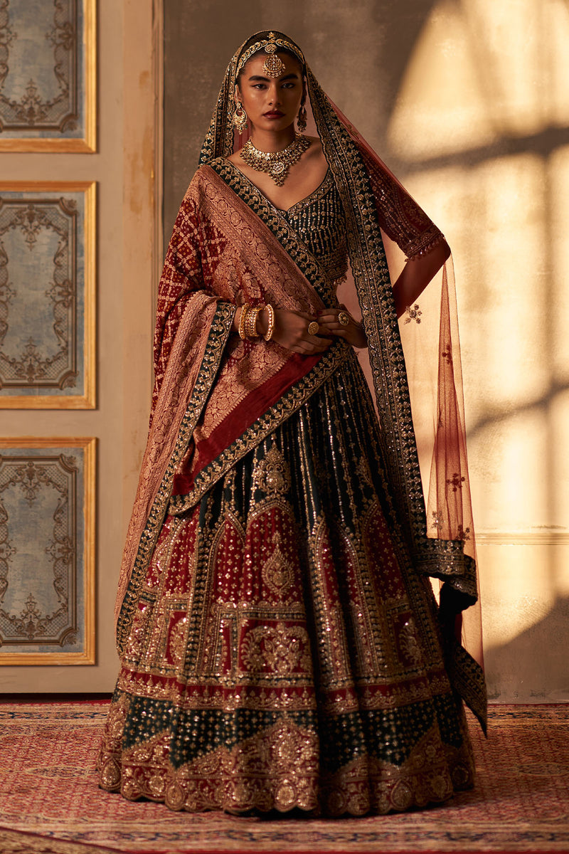 Green Raw Silk Double Dupatta Lehenga Set
