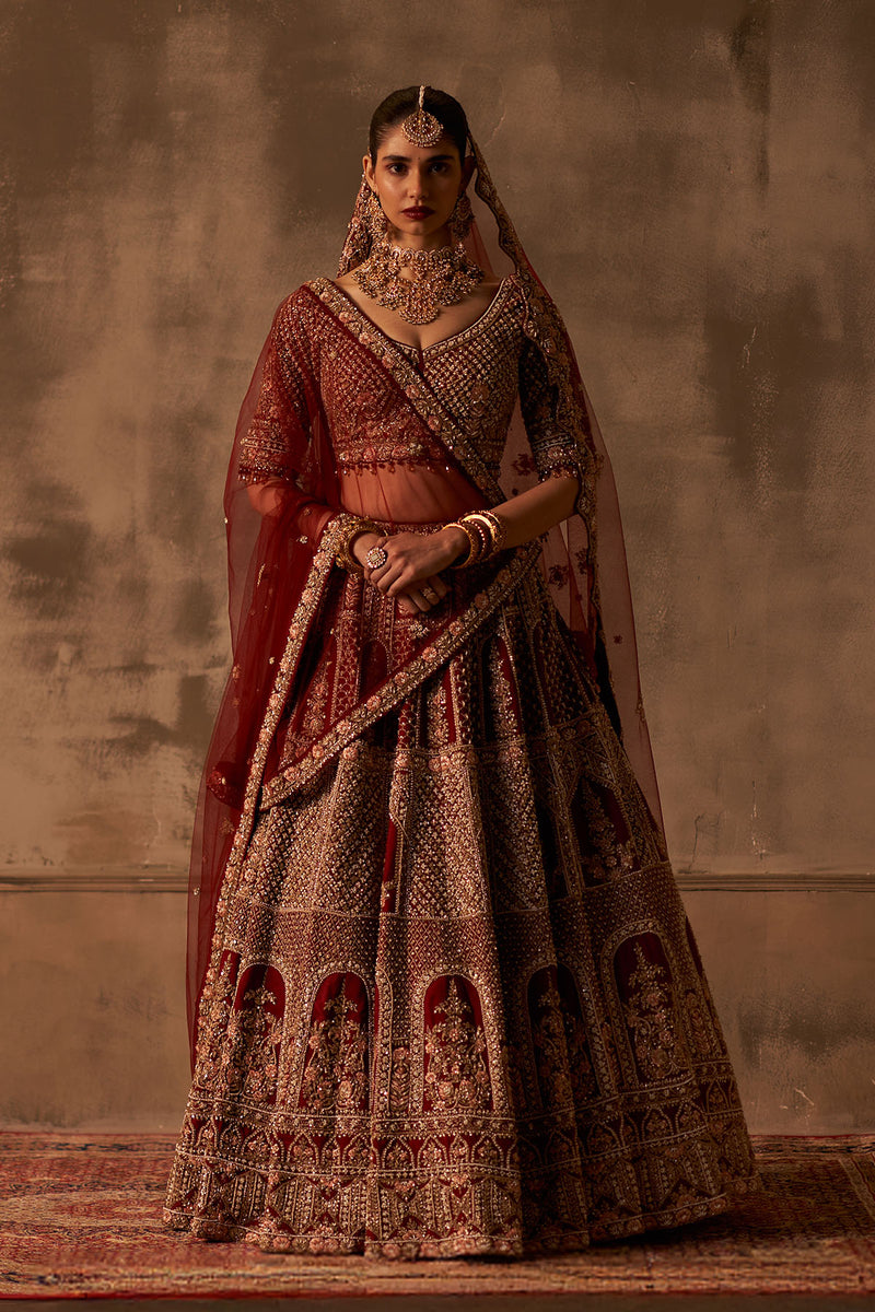 Maroon Raw Silk Double Dupatta Lehenga Set