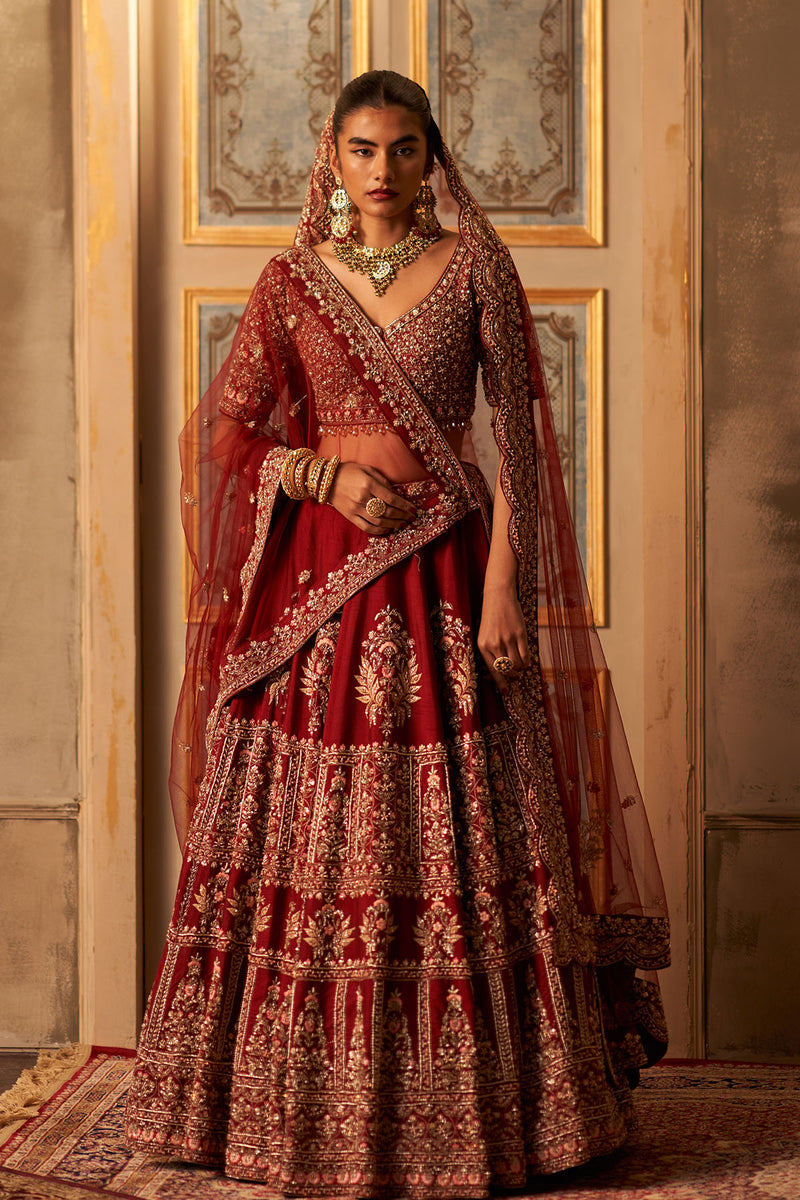 Maroon Raw Silk Double Dupatta Lehenga Set