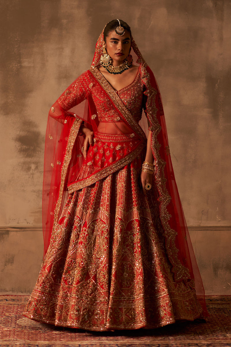 Red Raw Silk Double Dupatta Lehenga Set