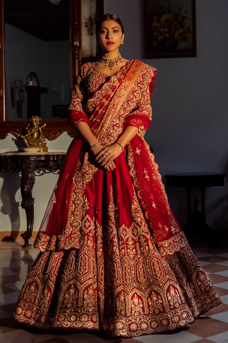 Buy Designer Beige Art Silk Wedding Lehenga Choli with Red Dupatta