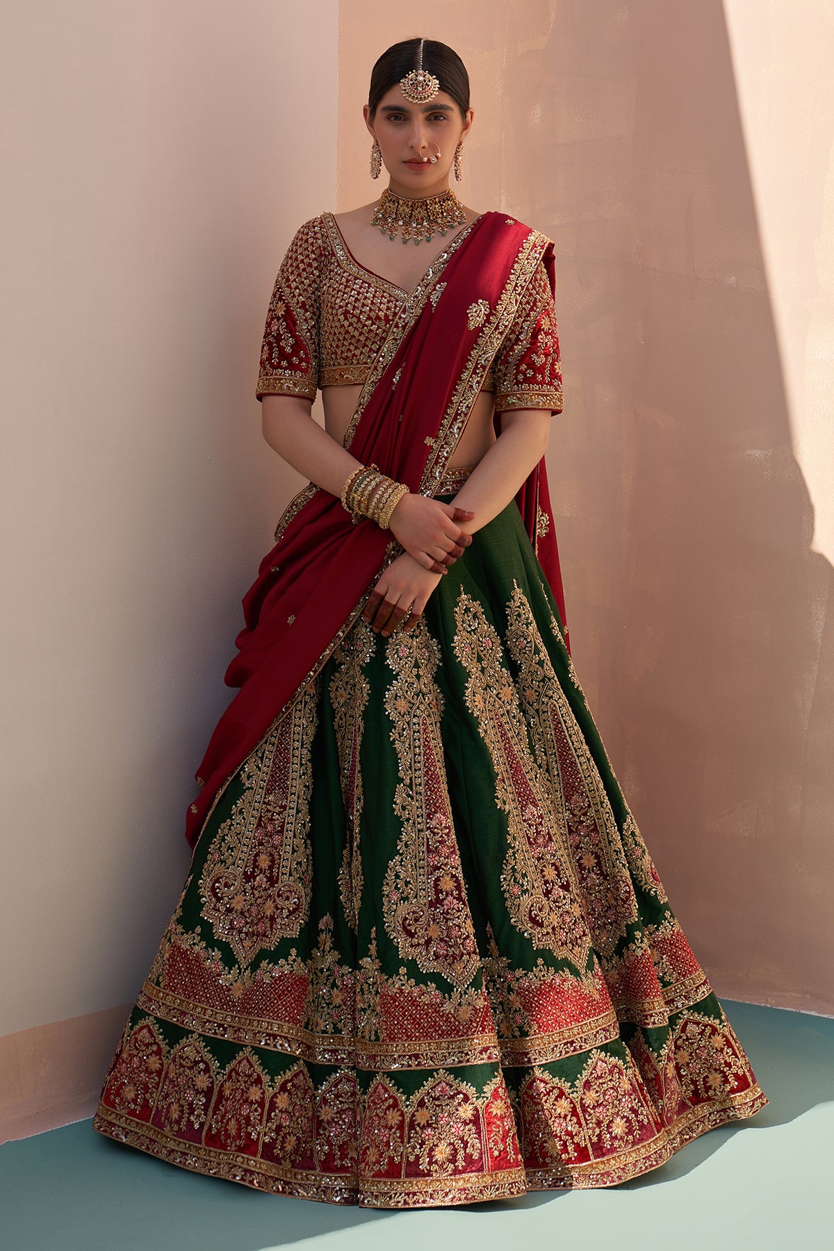 Beautiful Hand Embroidered green Silk Lehenga with red contrast net dupatta.  | Embroidered wedding, Half saree designs, Bridal wear
